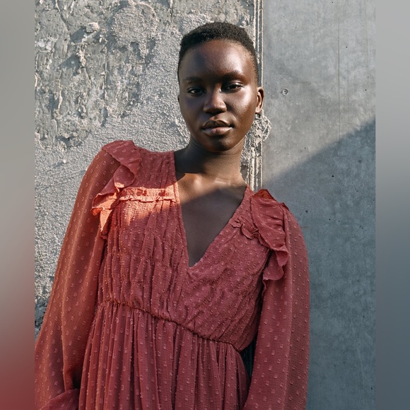 Brick Red Swiss Dot Ruffled ZARA Dress Size M - Picture 7 of 11